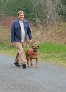 A man walking with a dog wearing a blue jacket